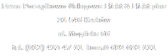 Pole tekstowe: Firma Porządkowo-Usługowa Efekt & Efekt plus
31-546 Kraków
ul. Mogilska 66
tel. (012) 413-47-11  kom.0-692-032-111
